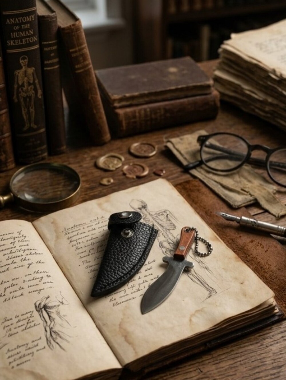 Dark Academia Micro Hunting Knife Keychain & Leather Sheath